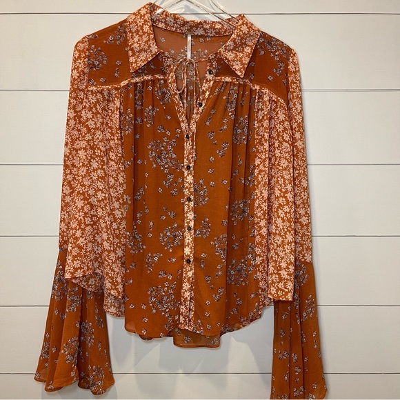 Free People Tops - Free People Serena Floral Rust Orange Tunic Blouse Womens Size Large